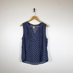 Old Navy Patterned Navy Blue Sleeveless Split Neck Blouse